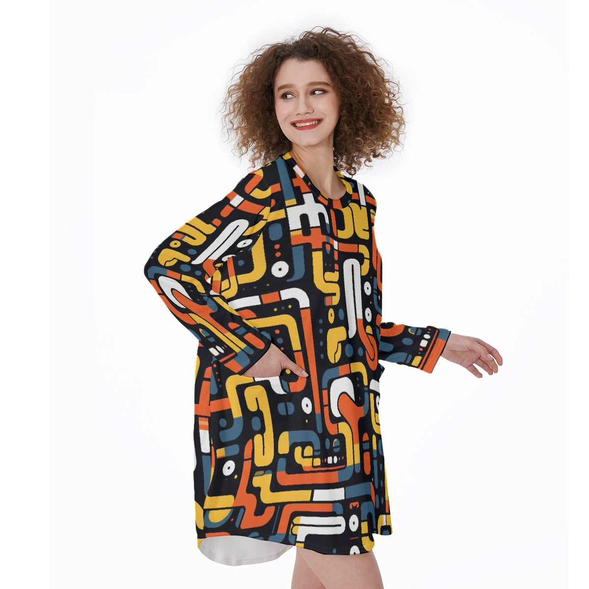 All-Over Print Women's Casual Loose Long Sleeve Dress With Pocket