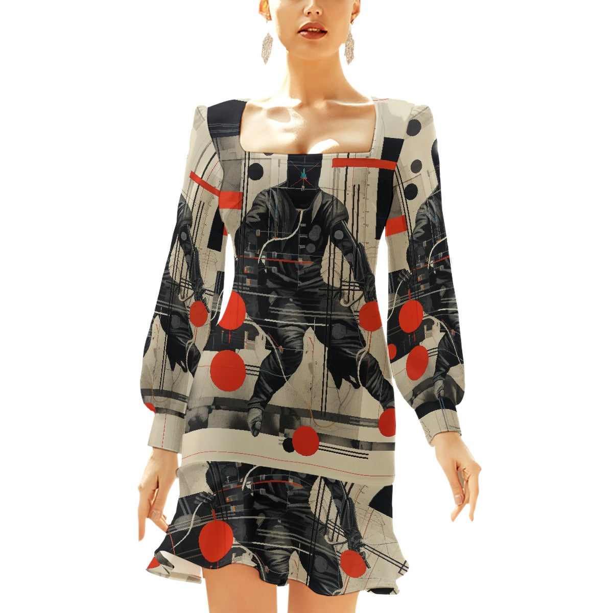 All-Over Print Women's Ruffle Hem Skinny Dress