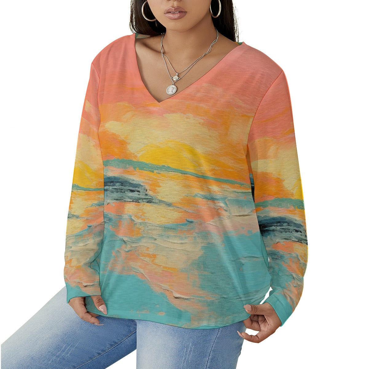 All-Over Print Women's V-neck T-shirt With Curved Hem(Plus Size)