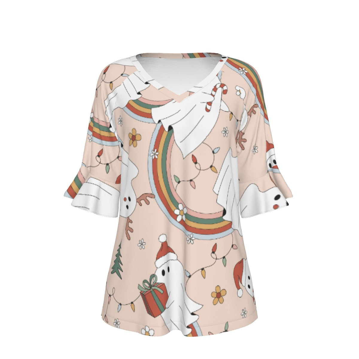 All-Over Print V-neck Women's T-shirt With Bell Sleeve