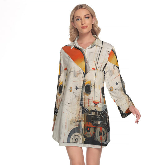 All-Over Print Women's Lapel Shirt Dress With Long Sleeve