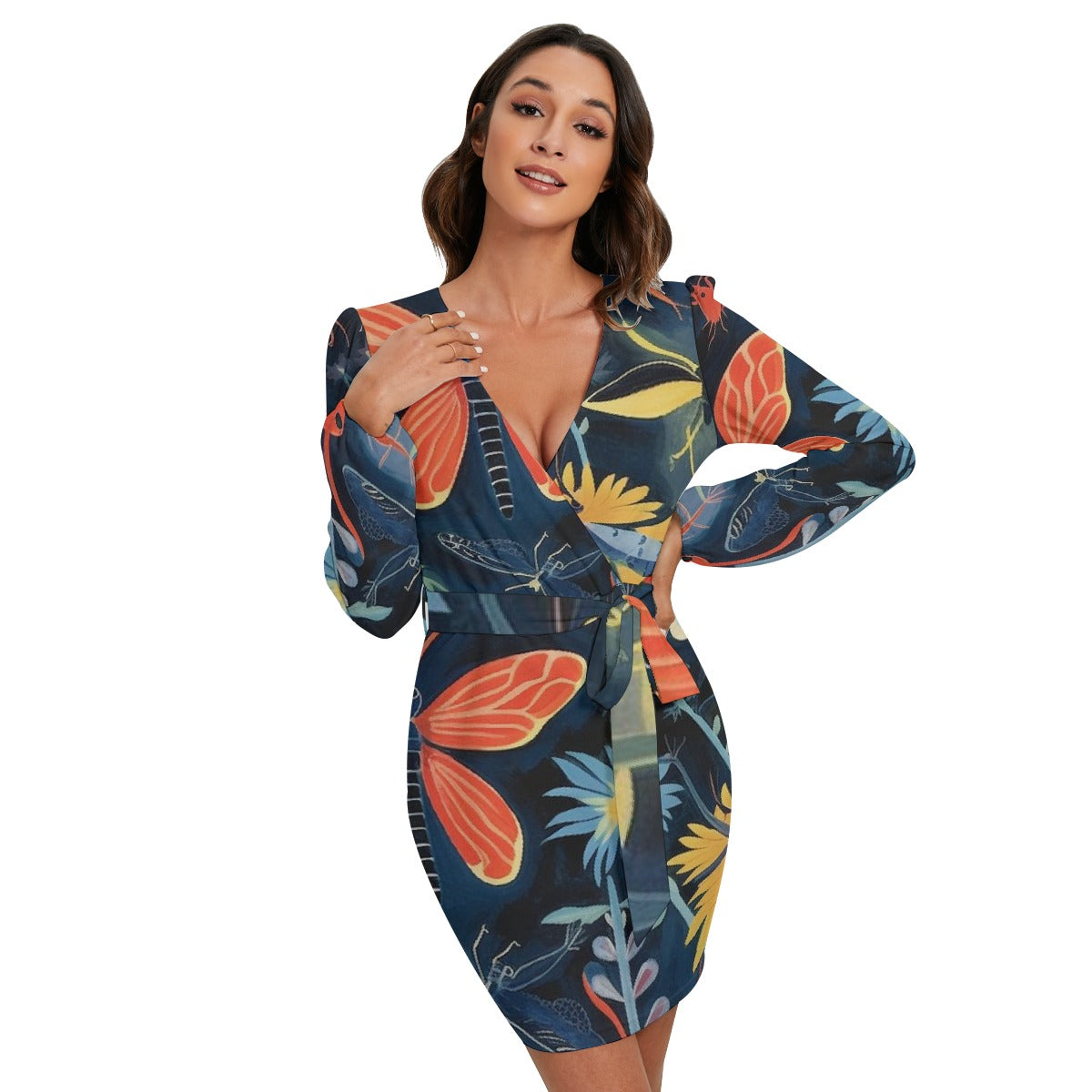 All-Over Print Women's Long Sleeve Dress With Waist Belt