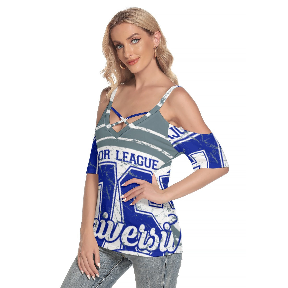 All-Over Print Women's Cold Shoulder T-shirt With Criss Cross Strips