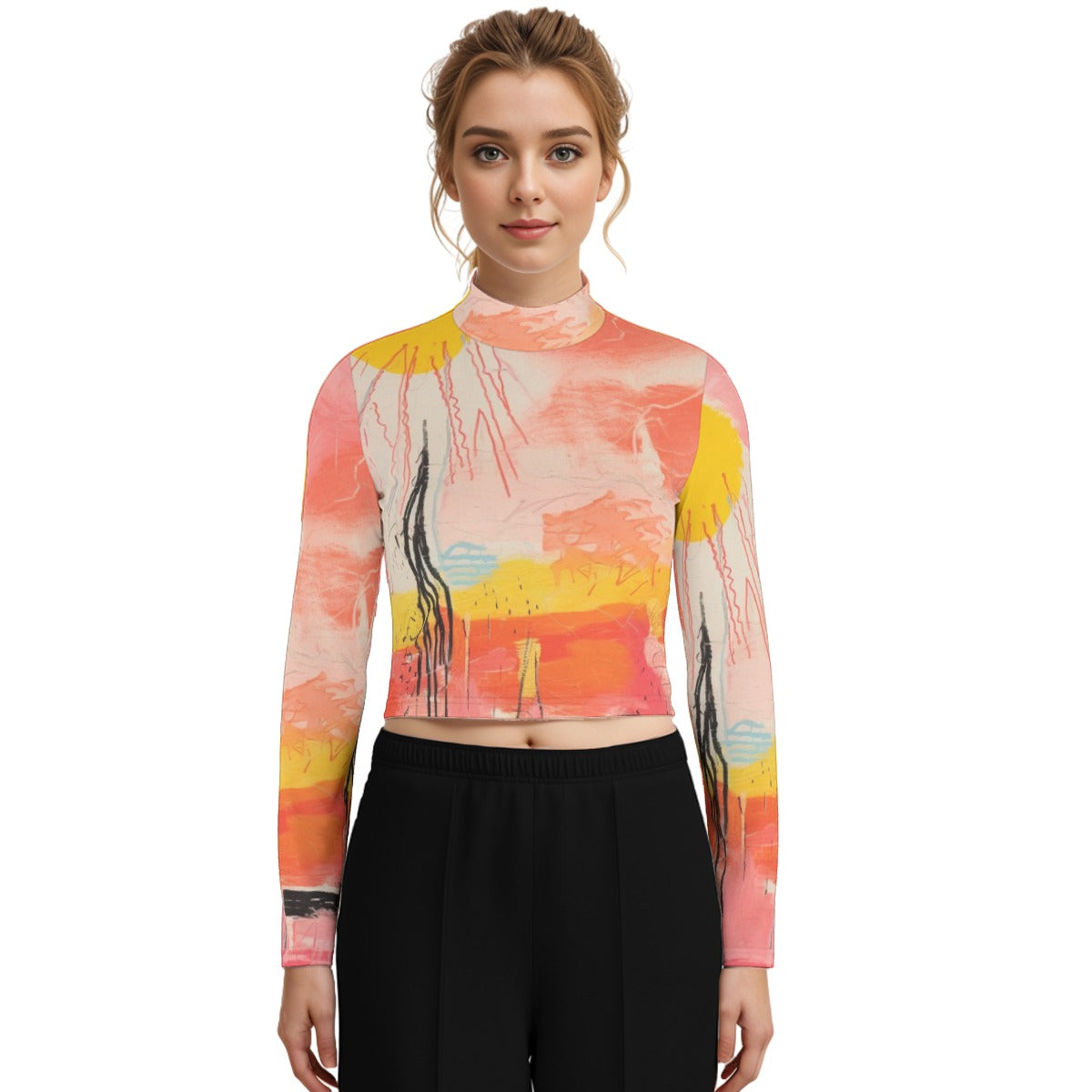 Eco-Friendly All-Over Print Women's Turtleneck T-shirt With Long Sleeve