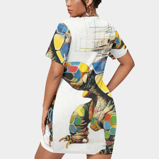 All-Over Print Women’s Stacked Hem Dress With Short Sleeve（Plus Size）