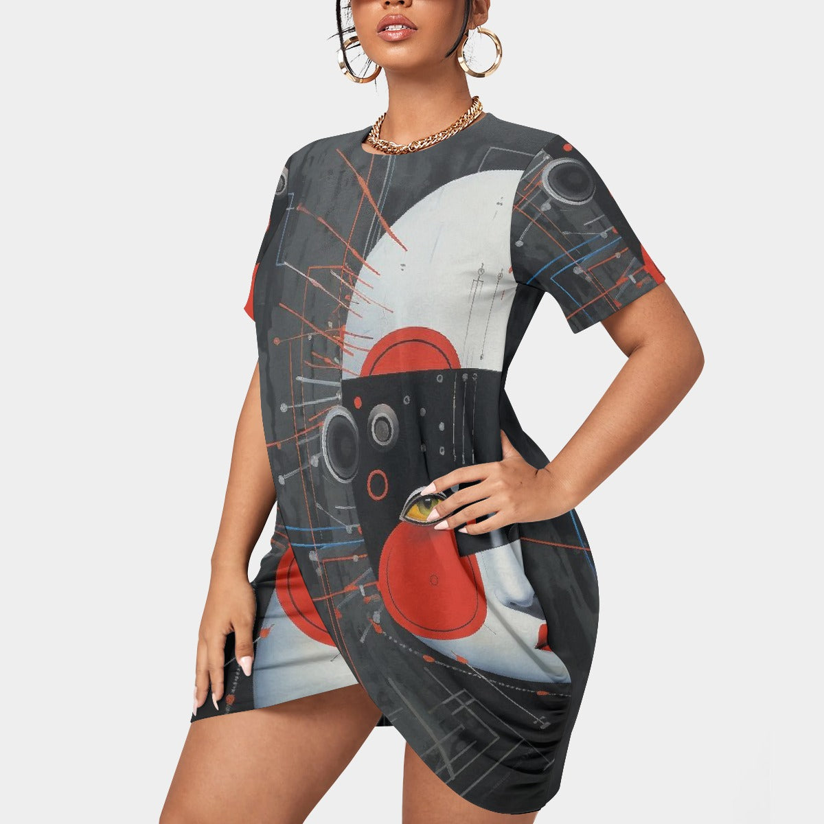 All-Over Print Women’s Stacked Hem Dress With Short Sleeve（Plus Size）