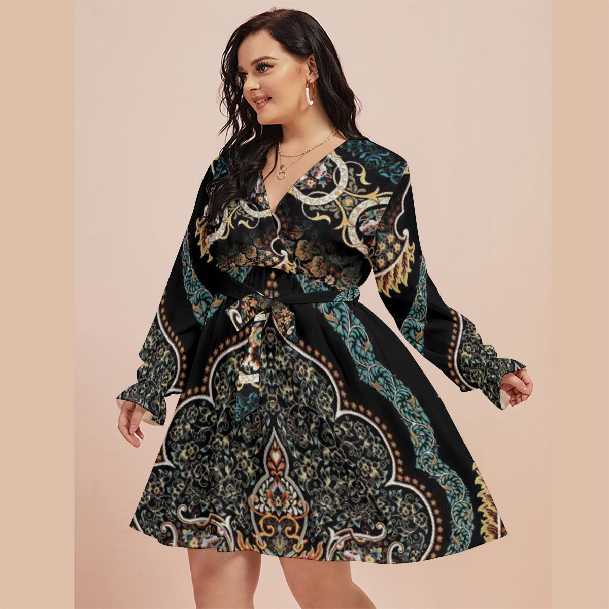 All-Over Print Women's V-neck Dress With Waistband(Plus Size)