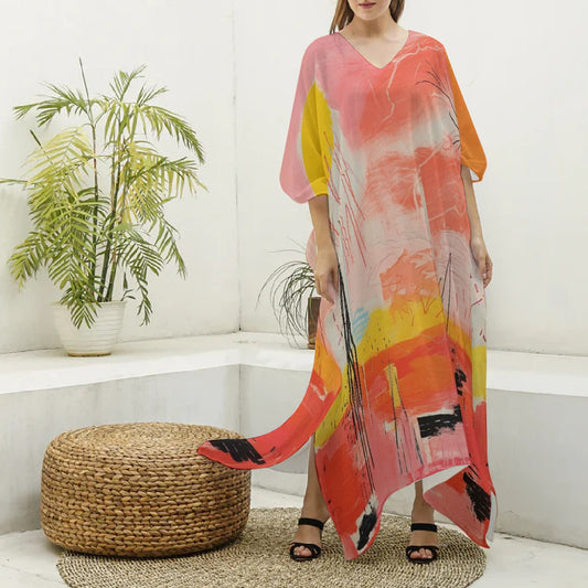 All-Over Print Women's Imitation Silk V-neck Kaftan Robe