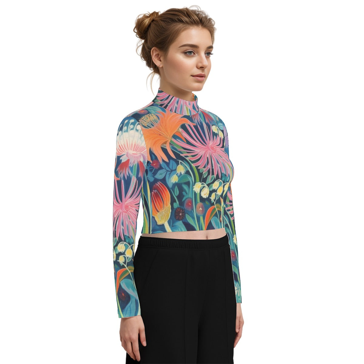 Eco-Friendly All-Over Print Women's Turtleneck T-shirt With Long Sleeve