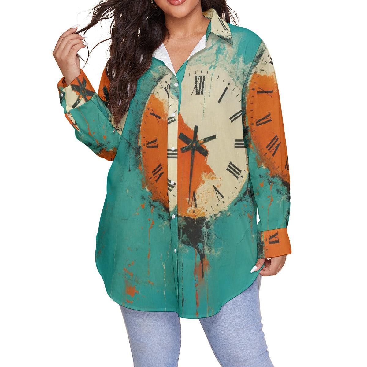 All-Over Print Women's Shirt With Long Sleeve(Plus Size)