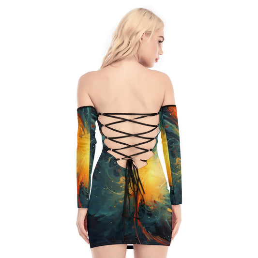 All-Over Print Women's Off-shoulder Back Lace-up Dress