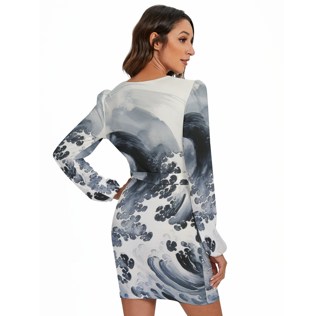 All-Over Print Women's Long Sleeve Dress With Waist Belt