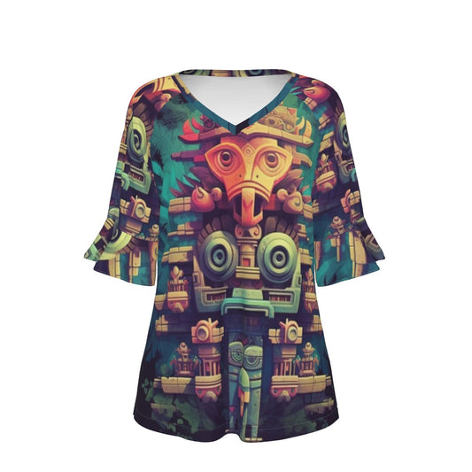 All-Over Print V-neck Women's T-shirt With Bell Sleeve