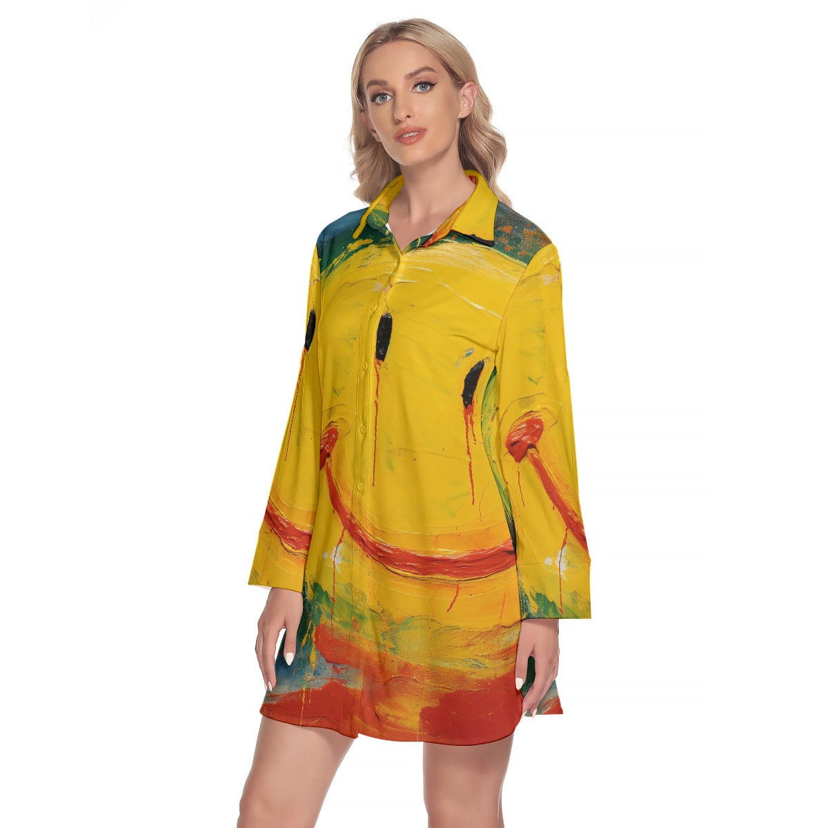 All-Over Print Women's Lapel Shirt Dress With Long Sleeve