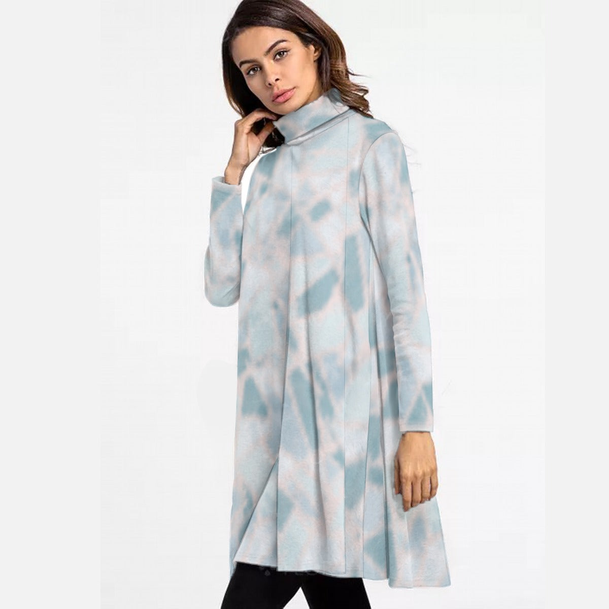 All-Over Print Women's High Neck Dress With Long Sleeve