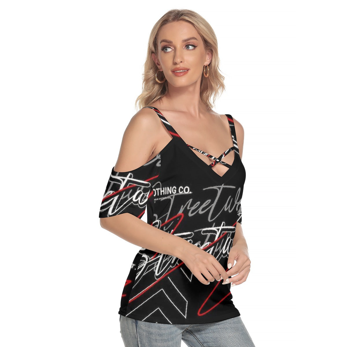 All-Over Print Women's Cold Shoulder T-shirt With Criss Cross Strips