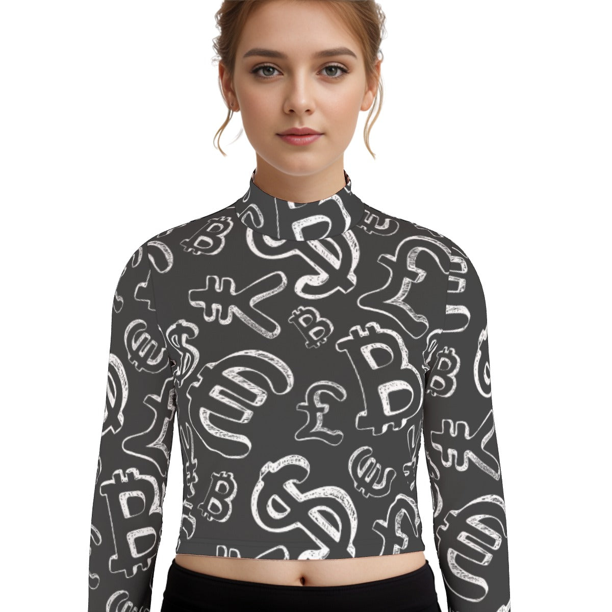 Eco-Friendly All-Over Print Women's Turtleneck T-shirt With Long Sleeve