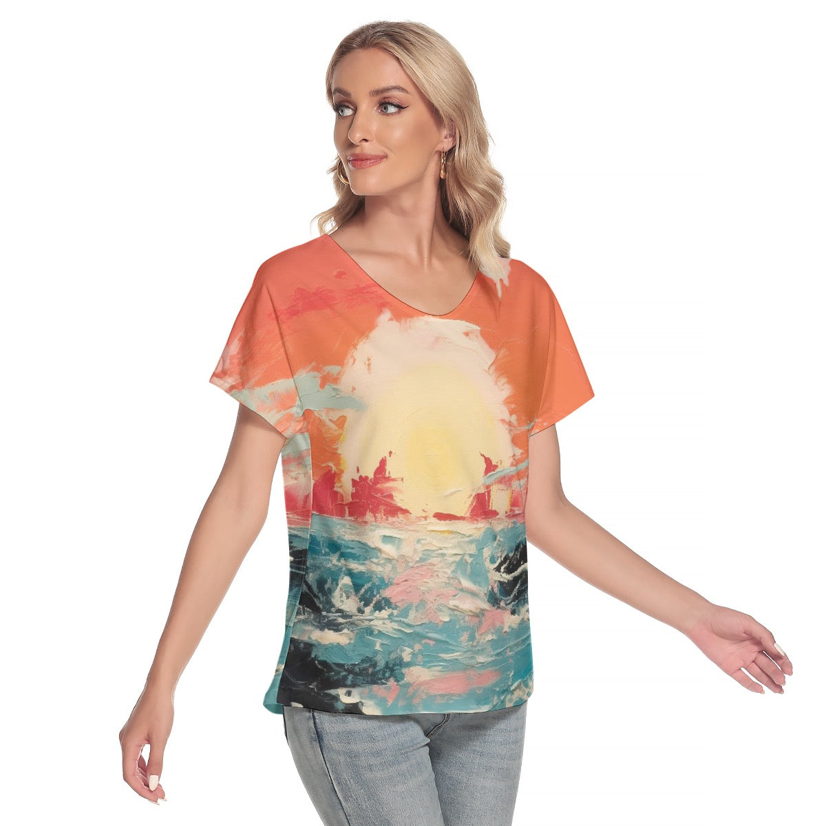 All-Over Print Women's Loose V-neck Short Sleeve T-shirt