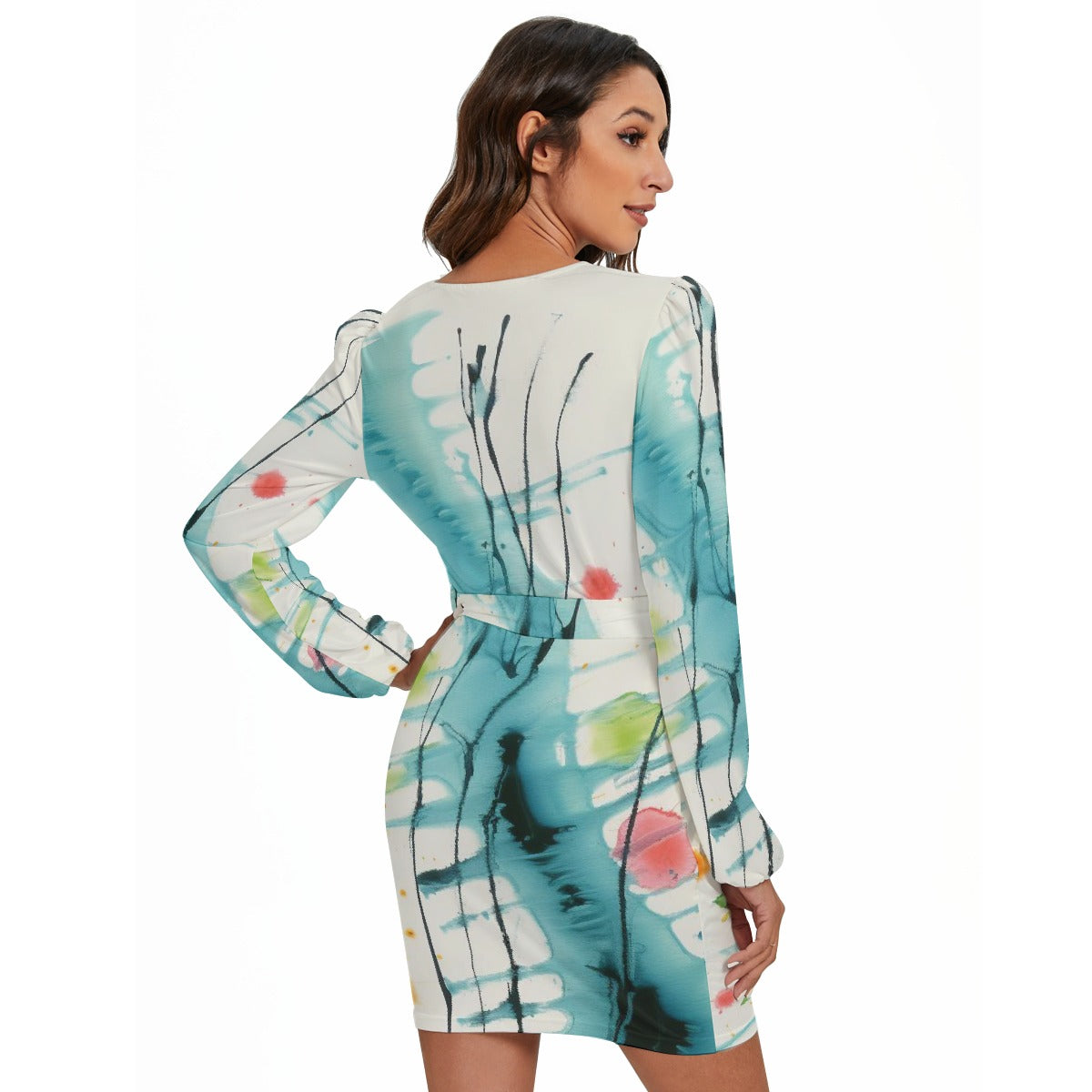 All-Over Print Women's Long Sleeve Dress With Waist Belt