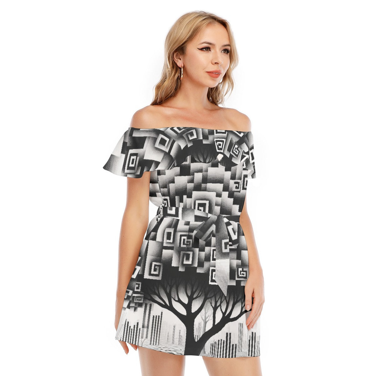 All-Over Print Women's Off-shoulder Dress With Ruffle