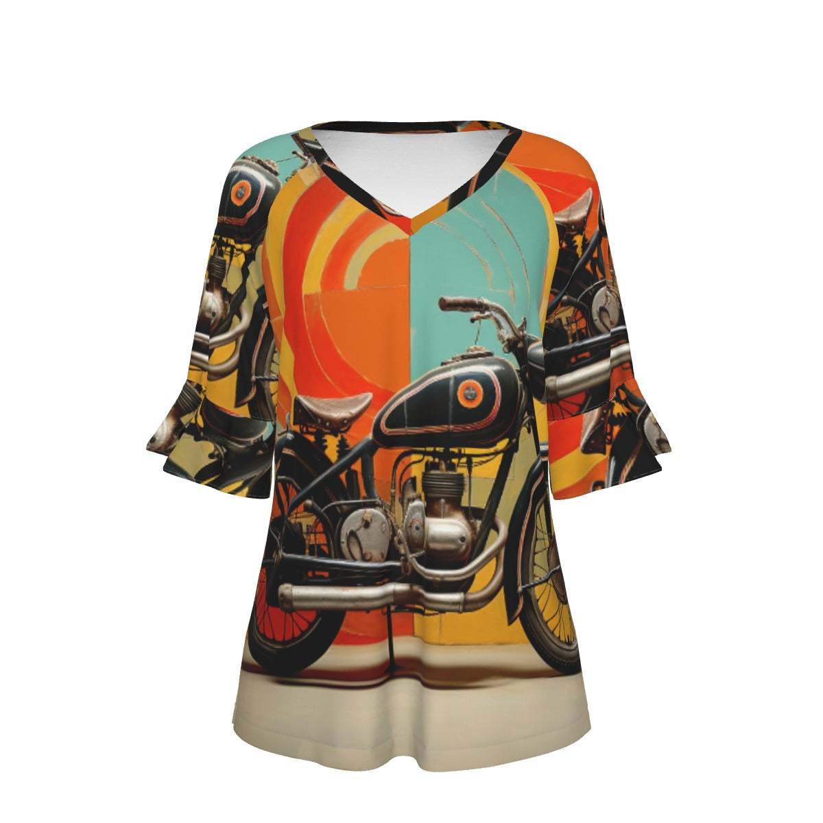 All-Over Print V-neck Women's T-shirt With Bell Sleeve