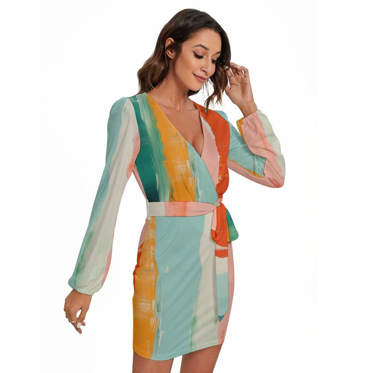 All-Over Print Women's Long Sleeve Dress With Waist Belt