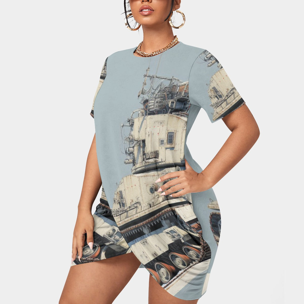 All-Over Print Women’s Stacked Hem Dress With Short Sleeve（Plus Size）