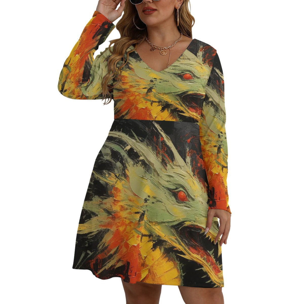 All-Over Print Women's V-neck Long Sleeve Dress(Plus Size)