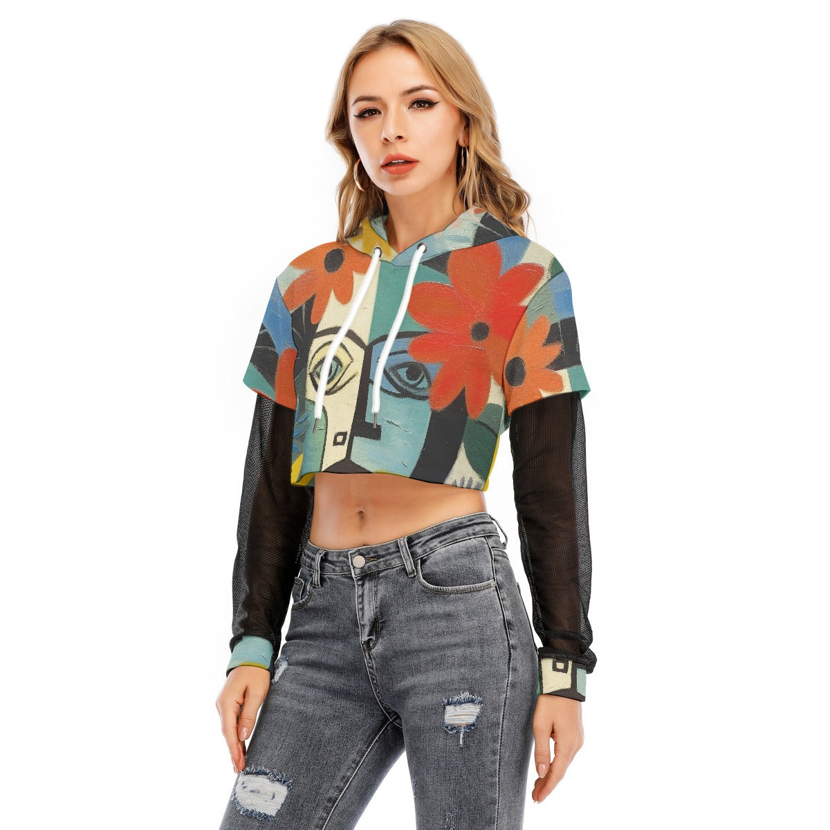 All-Over Print Women's Fake Two-piece Mesh Sleeve Cropped Hoodie