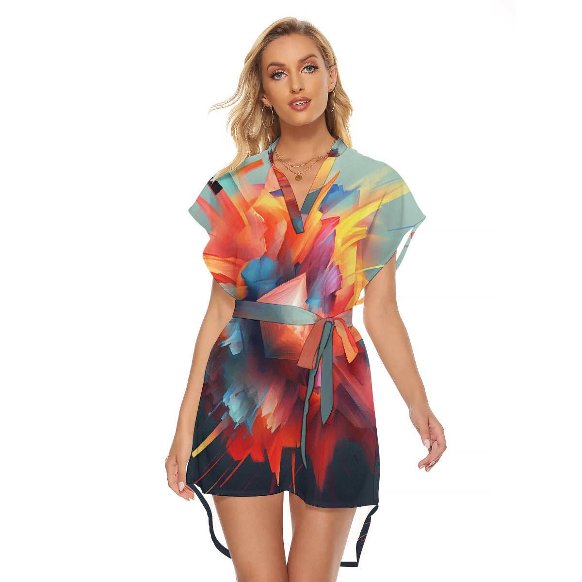 All-Over Print Women's Stand-up Collar Casual Dress With Belt