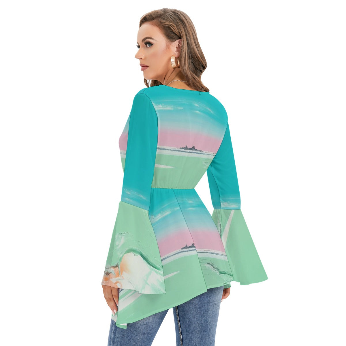 All-Over Print Women's V-neck Blouse With Flared Sleeves