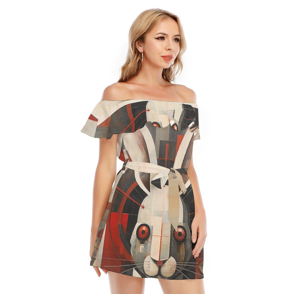 All-Over Print Women's Off-shoulder Dress With Ruffle