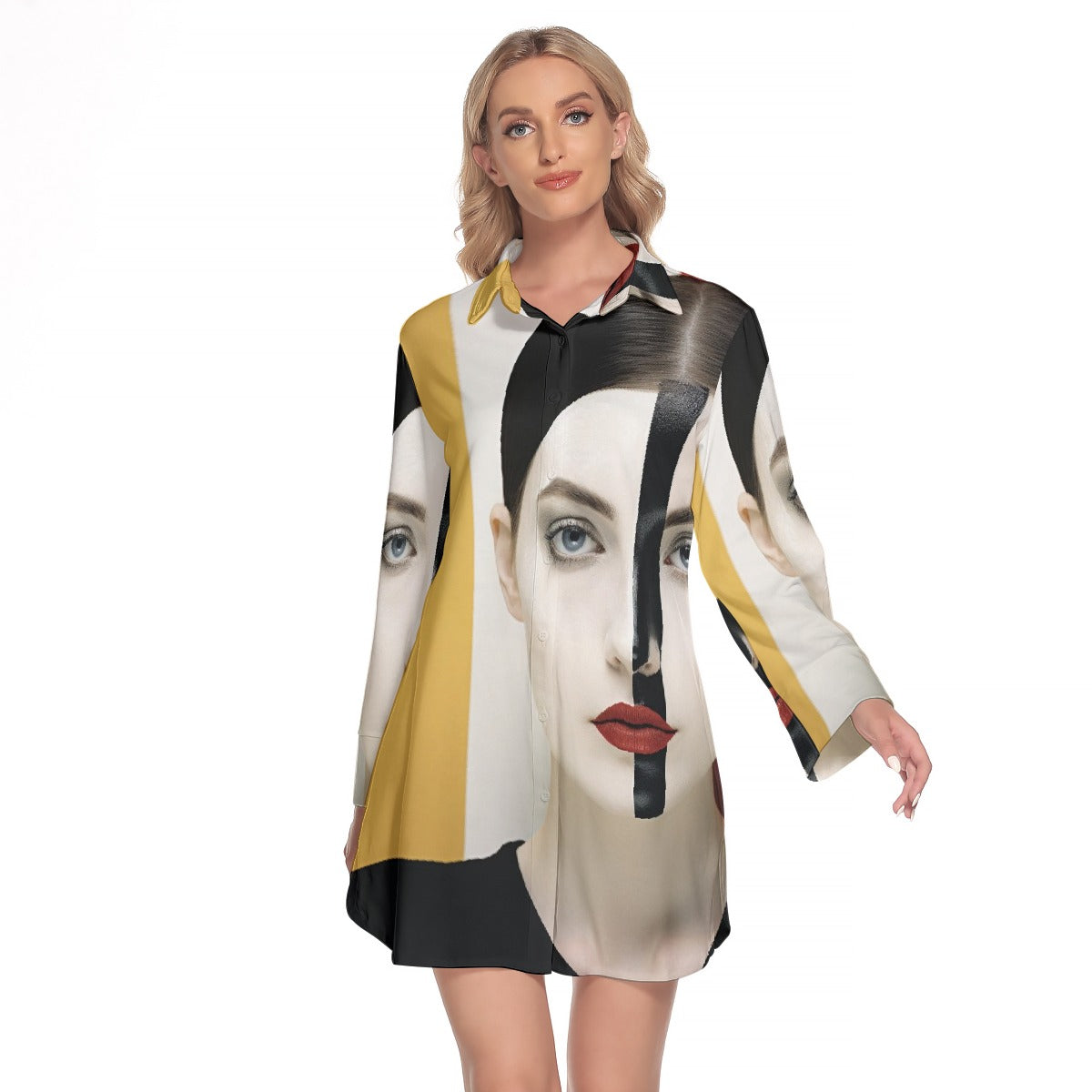 All-Over Print Women's Lapel Shirt Dress With Long Sleeve