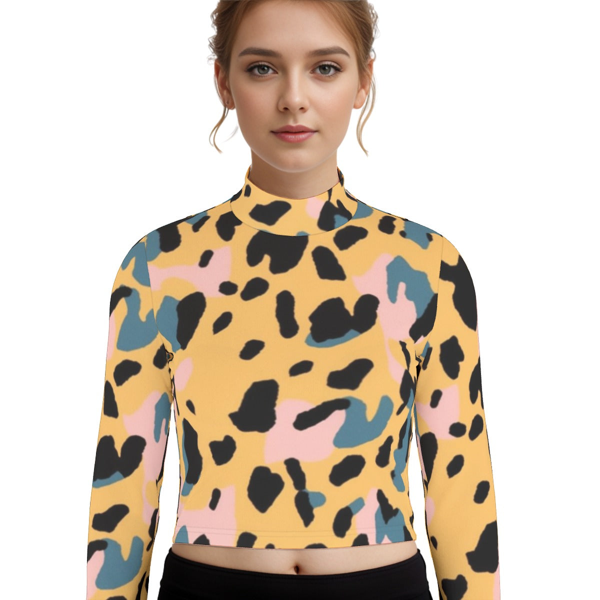 Eco-Friendly All-Over Print Women's Turtleneck T-shirt With Long Sleeve