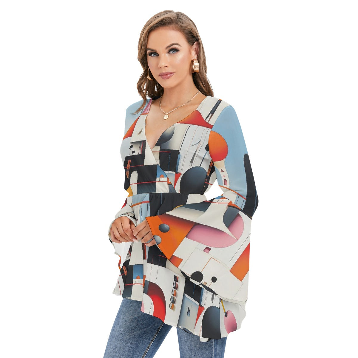 All-Over Print Women's V-neck Blouse With Flared Sleeves