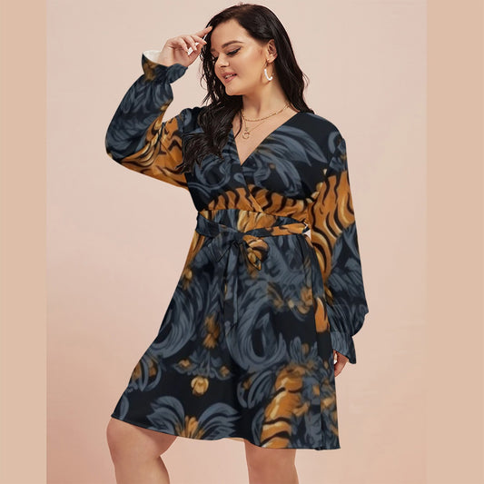 All-Over Print Women's V-neck Dress With Waistband(Plus Size)