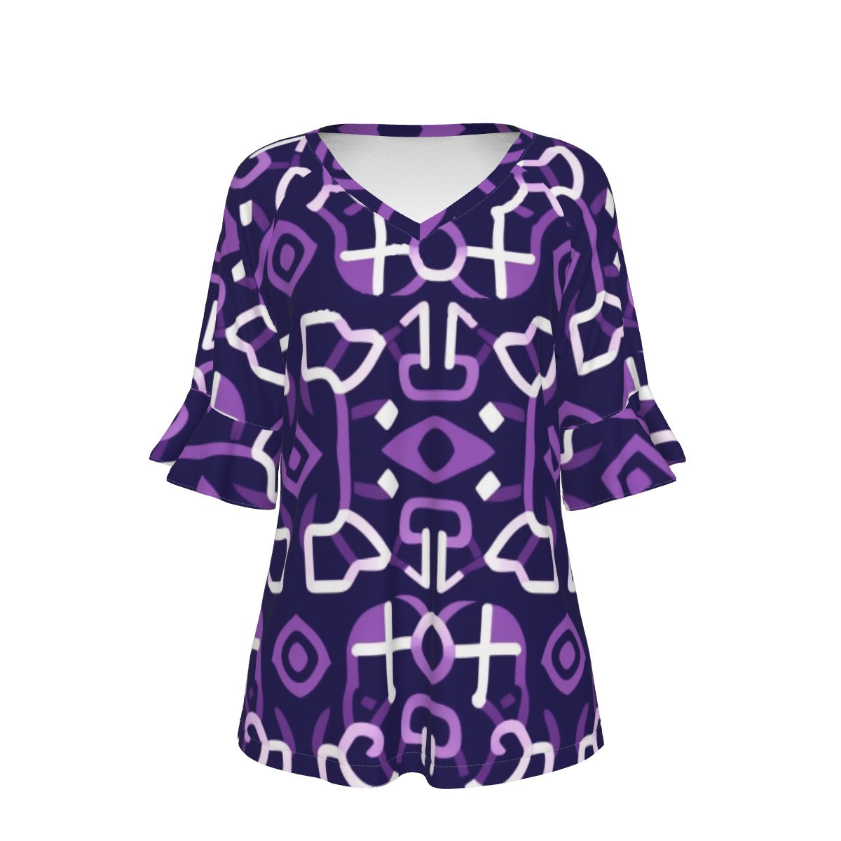 All-Over Print V-neck Women's T-shirt With Bell Sleeve