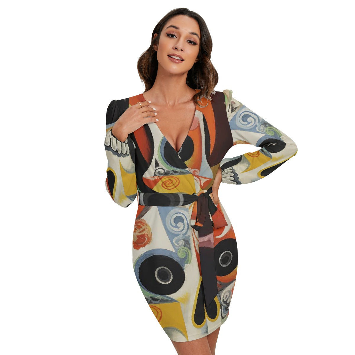 All-Over Print Women's Long Sleeve Dress With Waist Belt