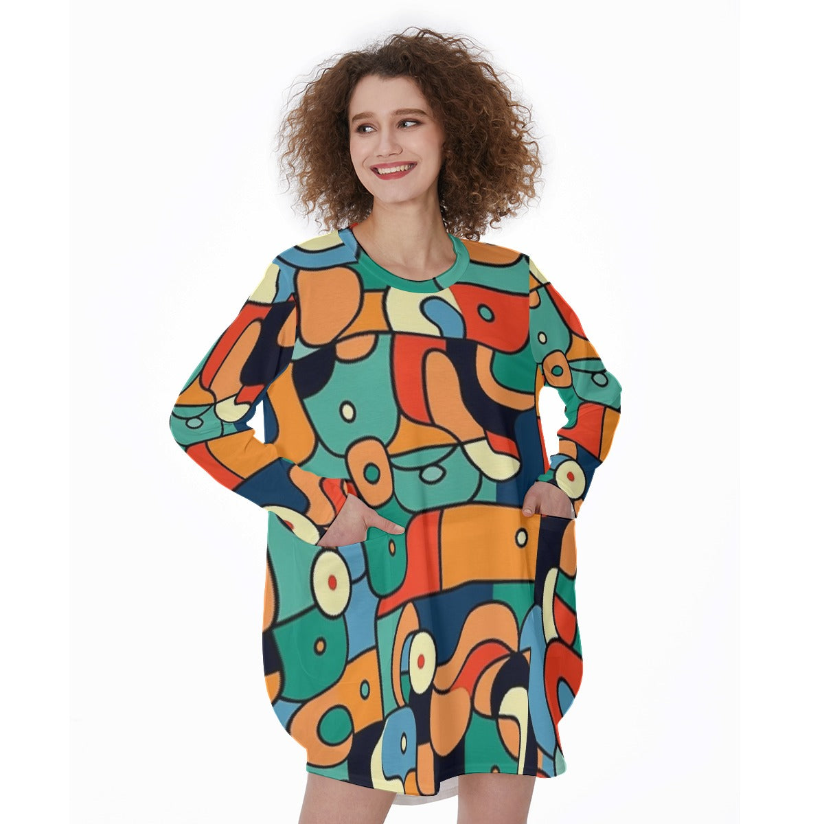 All-Over Print Women's Casual Loose Long Sleeve Dress With Pocket