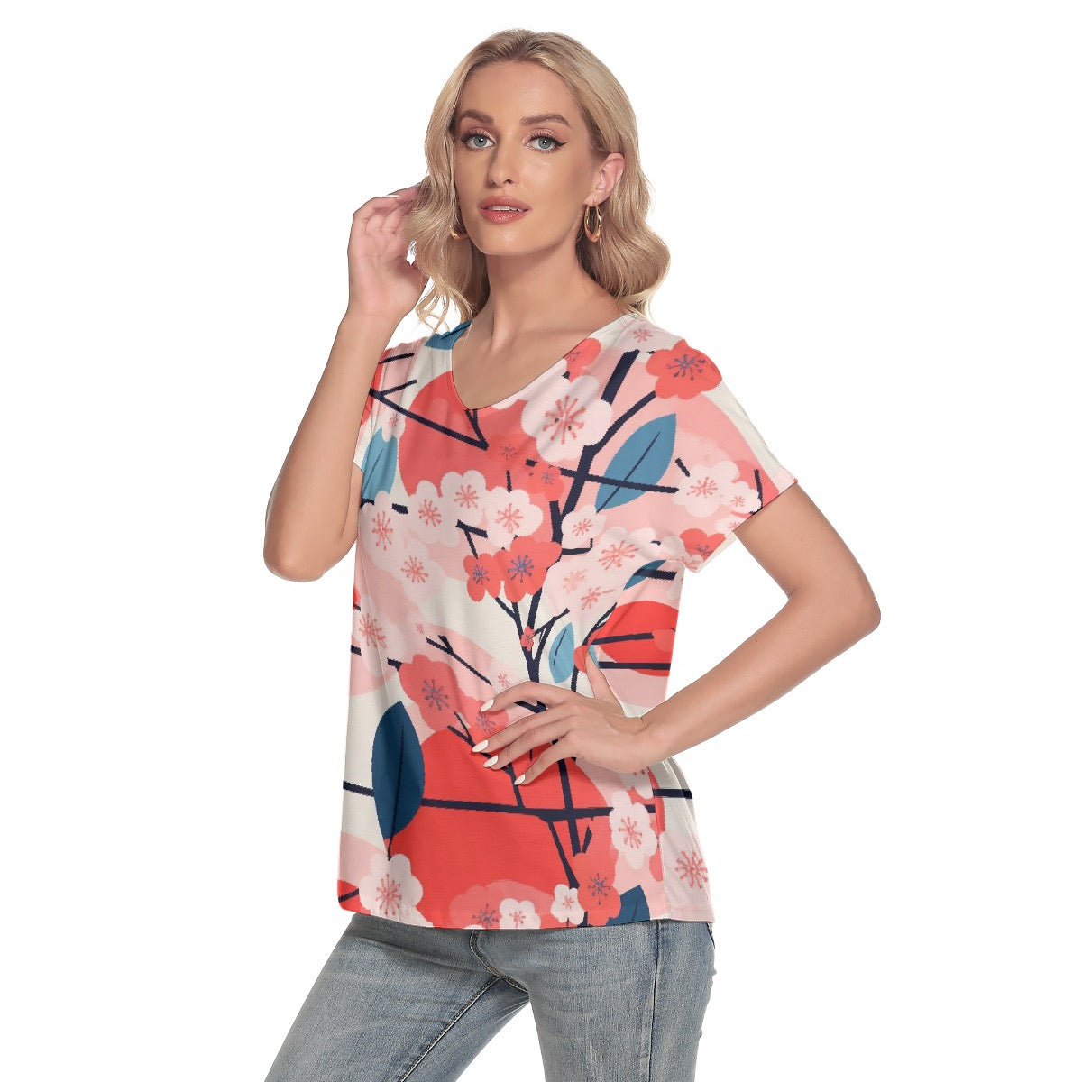 All-Over Print Women's Loose V-neck Short Sleeve T-shirt