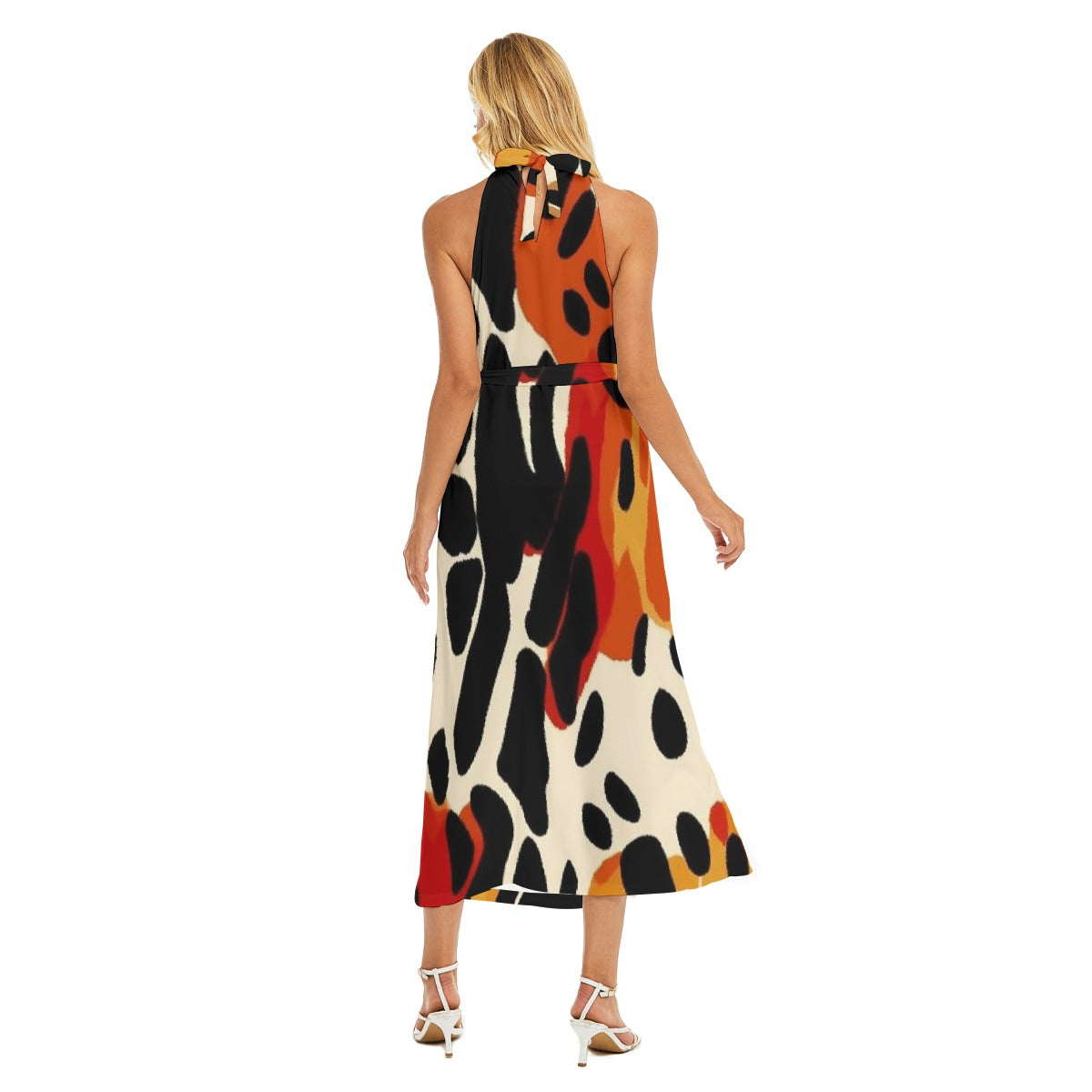 All-Over Print Women's Wrap Hem Belted Halter Dress