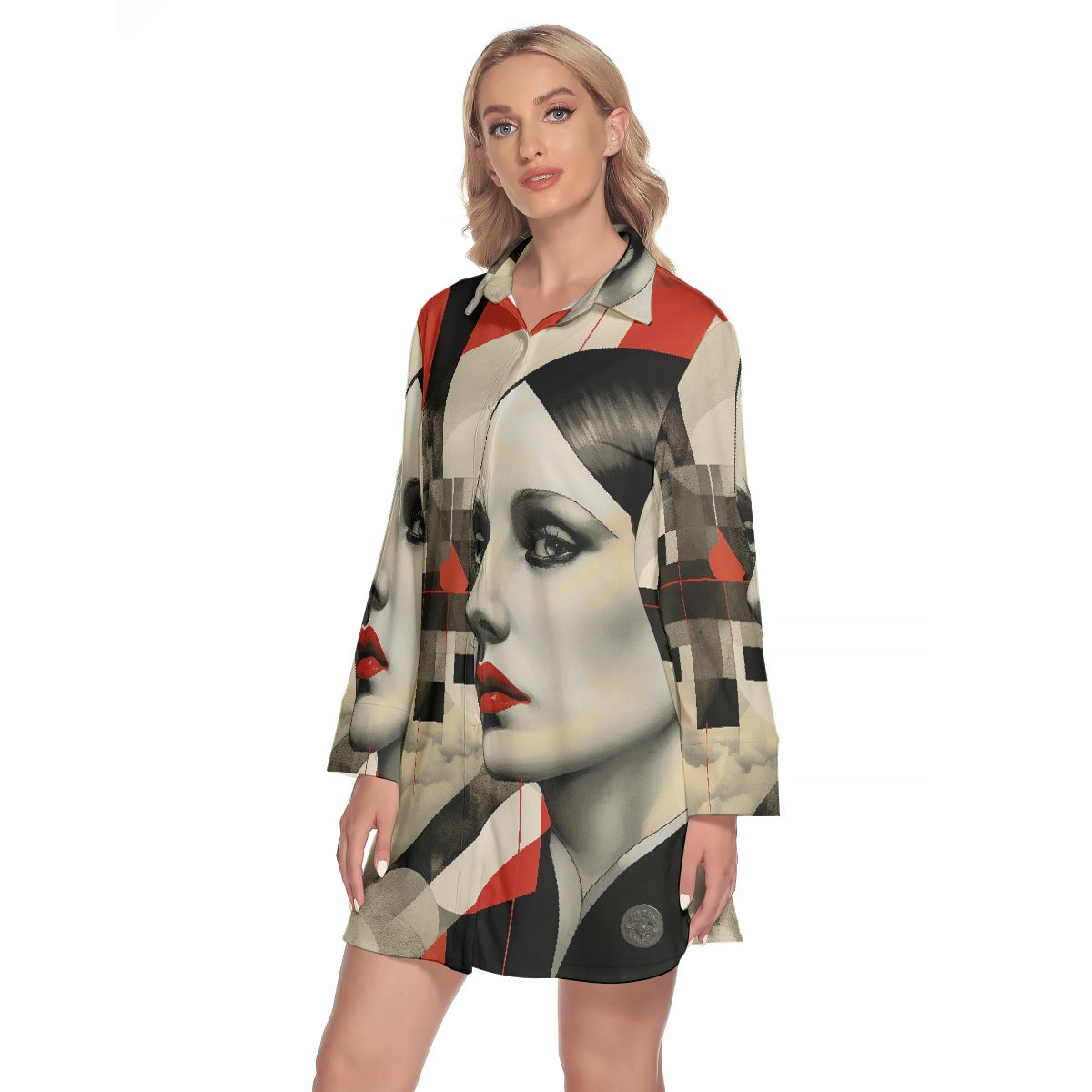 All-Over Print Women's Lapel Shirt Dress With Long Sleeve