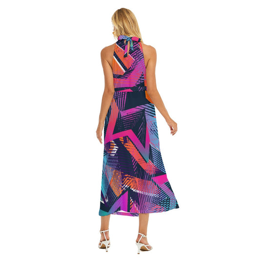 All-Over Print Women's Wrap Hem Belted Halter Dress