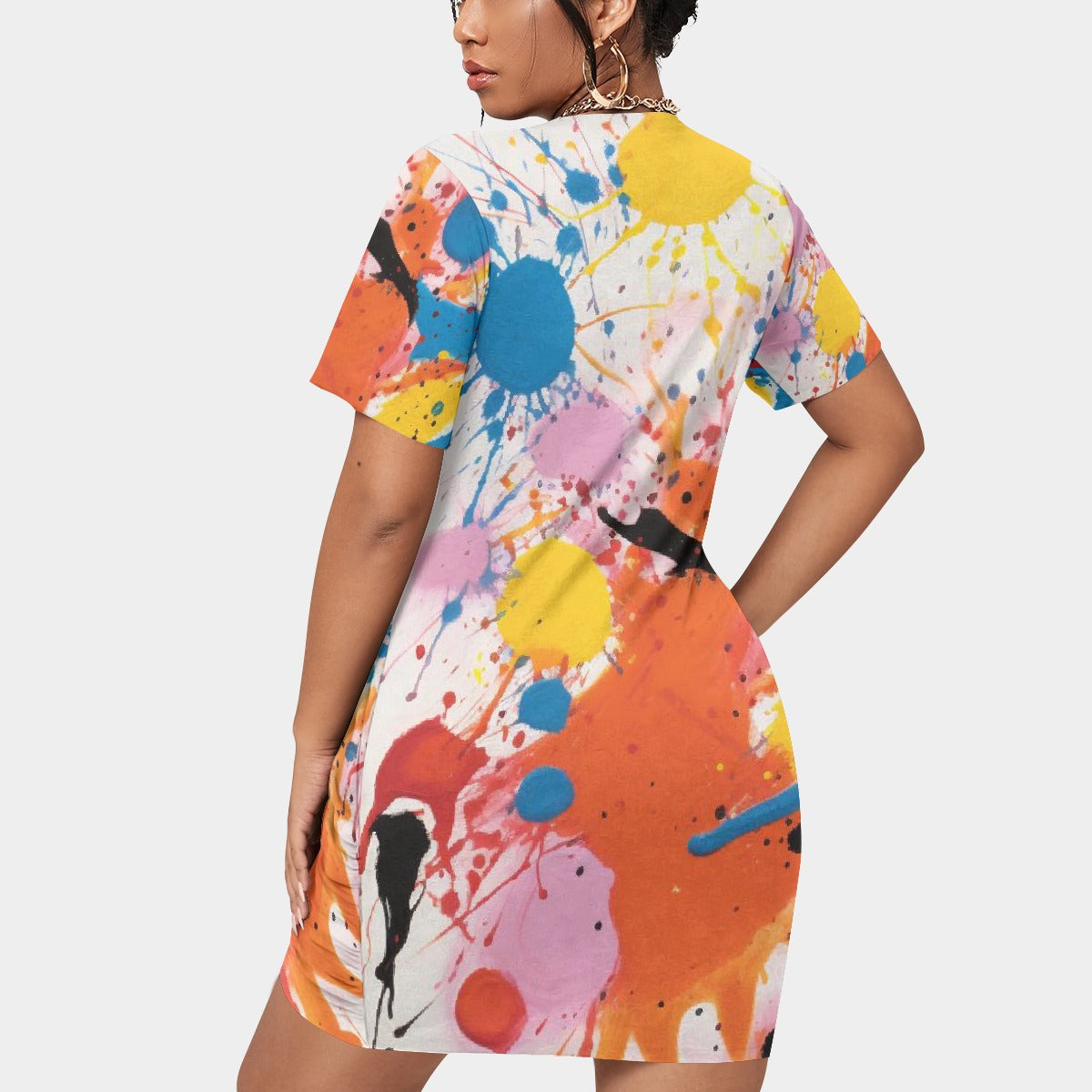 All-Over Print Women’s Stacked Hem Dress With Short Sleeve（Plus Size）