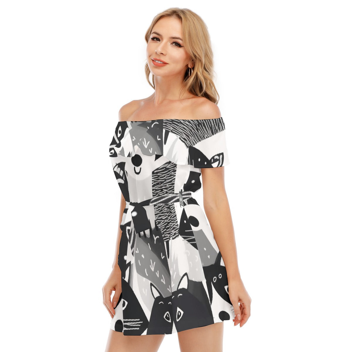 All-Over Print Women's Off-shoulder Dress With Ruffle