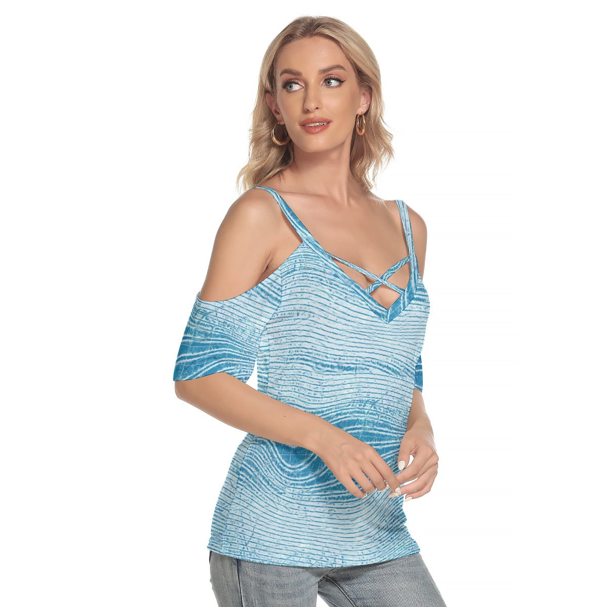 All-Over Print Women's Cold Shoulder T-shirt With Criss Cross Strips