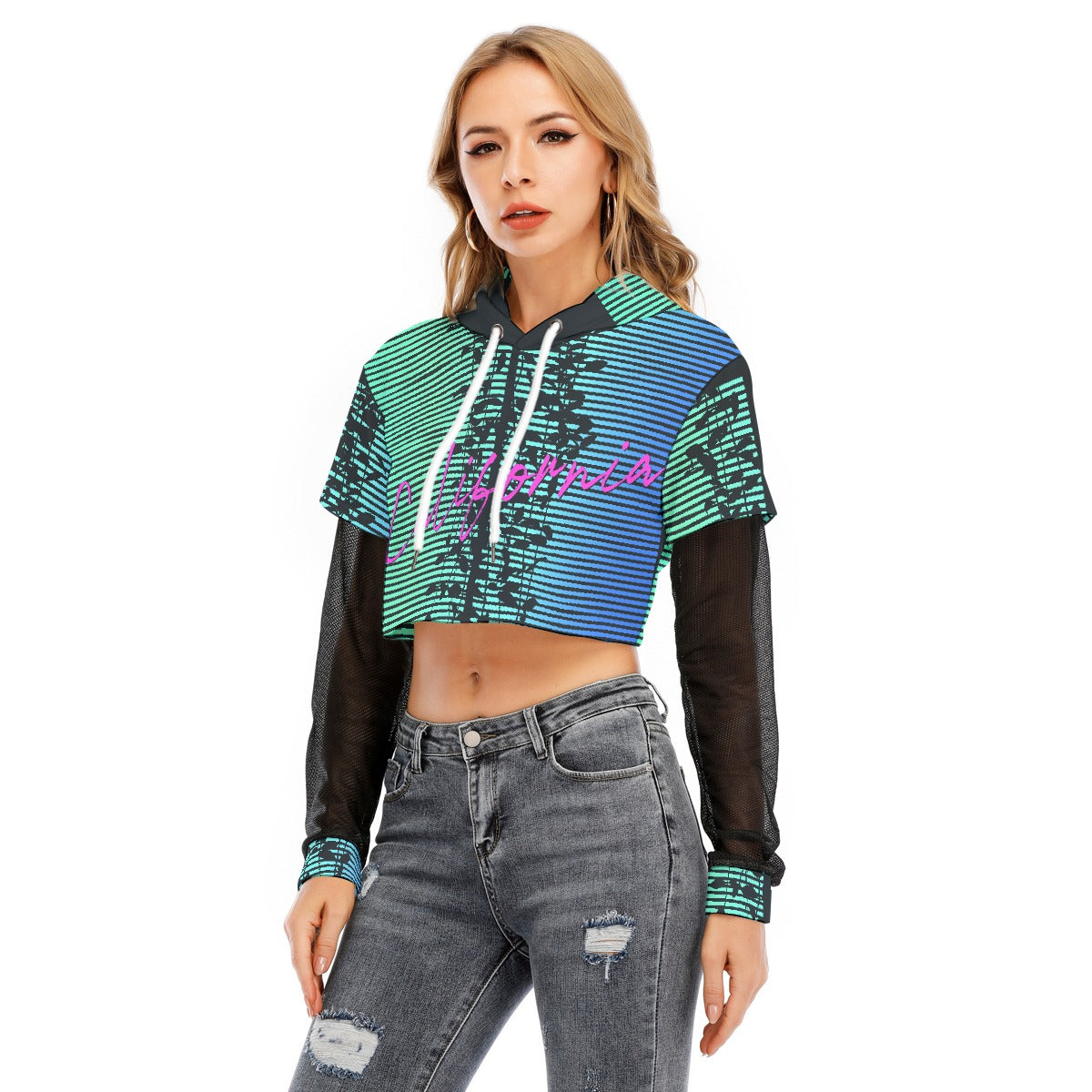 All-Over Print Women's Fake Two-piece Mesh Sleeve Cropped Hoodie