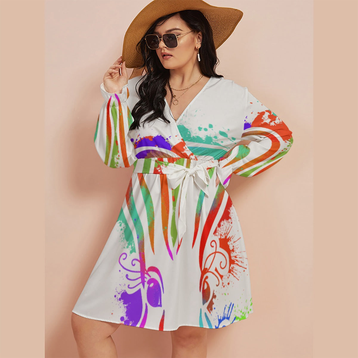 All-Over Print Women's V-neck Dress With Waistband(Plus Size)