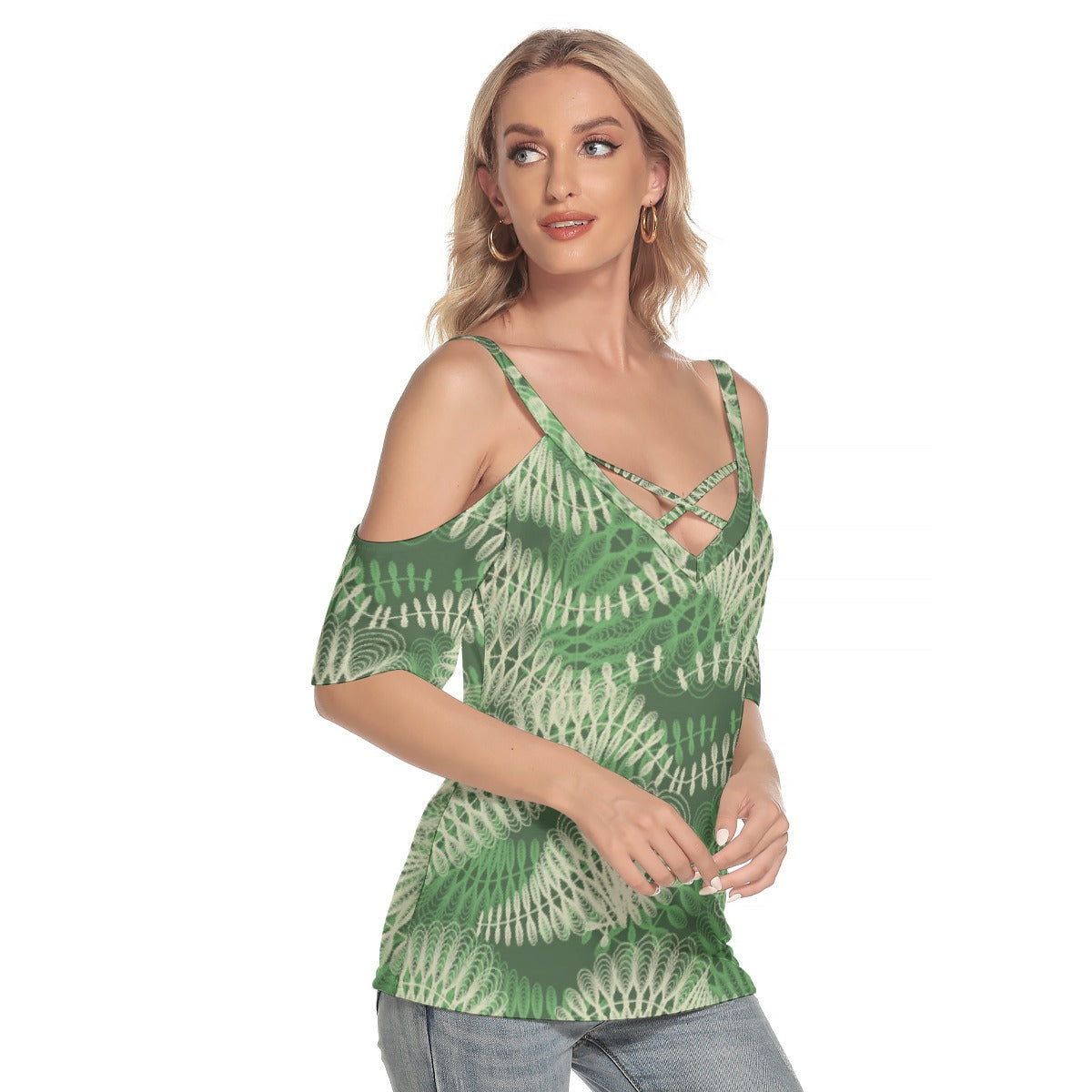 All-Over Print Women's Cold Shoulder T-shirt With Criss Cross Strips