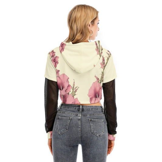 All-Over Print Women's Fake Two-piece Mesh Sleeve Cropped Hoodie